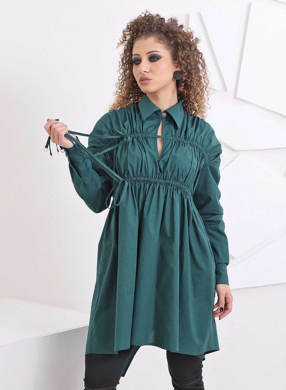 Mid Century Shirt, Asymmetric Shirt Dress, Elegant tunic, Ruffle sleeve top, avant garde woman clothin
