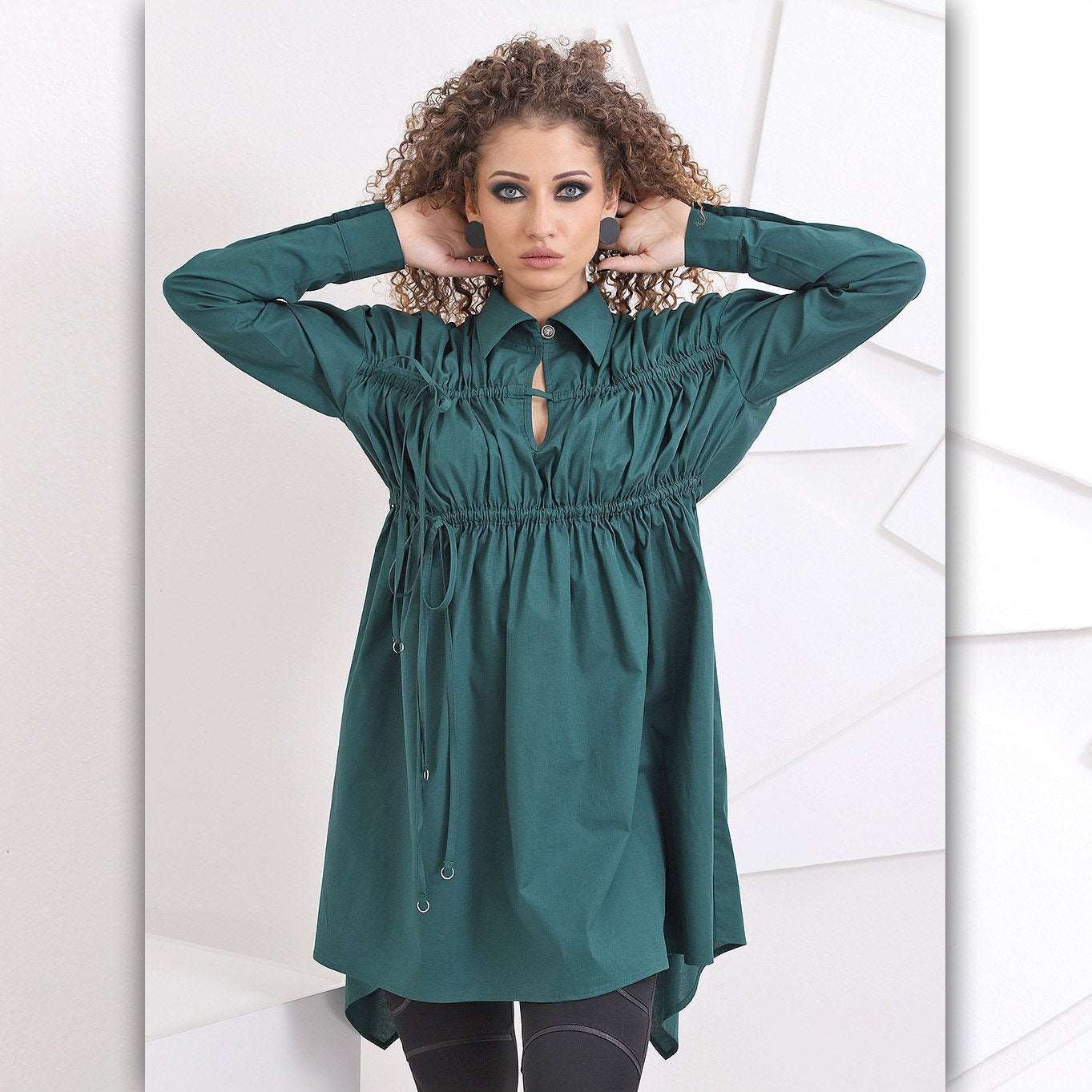 Mid Century Shirt, Asymmetric Shirt Dress, Elegant tunic, Ruffle sleeve top, avant garde woman clothin