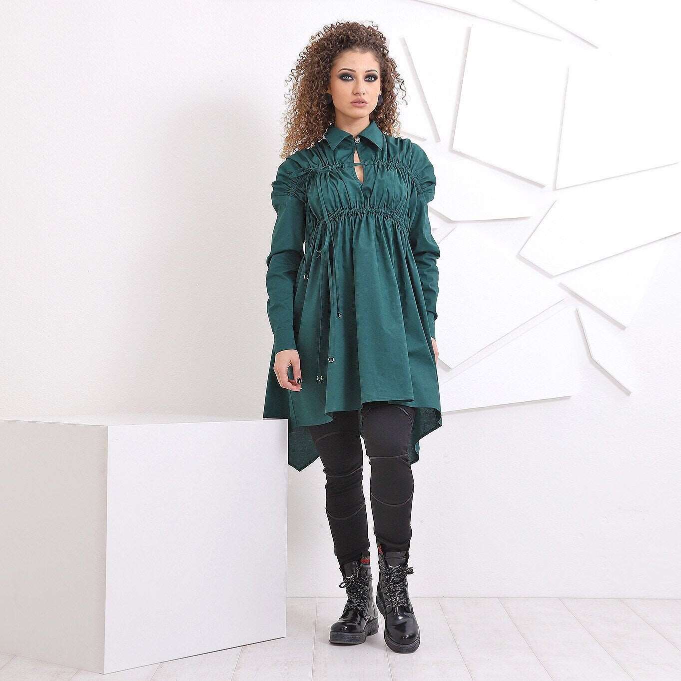 Mid Century Shirt, Asymmetric Shirt Dress, Elegant tunic, Ruffle sleeve top, avant garde woman clothin