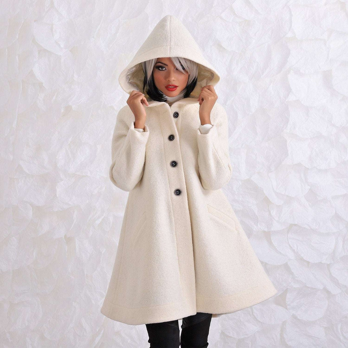Wool Hooded Winter Coat, Swing Maxi Coat, Womens Clothing, Woolen coat, Woolen jacket, White coat, White wool, Grey wool, Winter coat