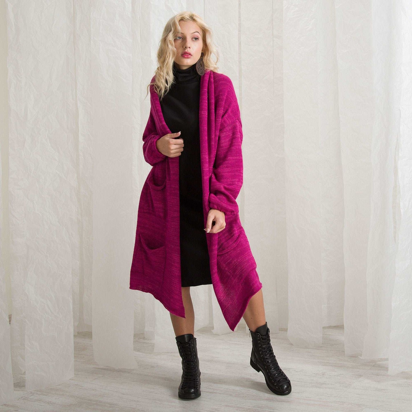 Oversized Cardigan, Magenta Wool Knitted Overcoat, Knit Winter Coat Poncho, Long Loose Pink Cardigan by Friends Fashion
