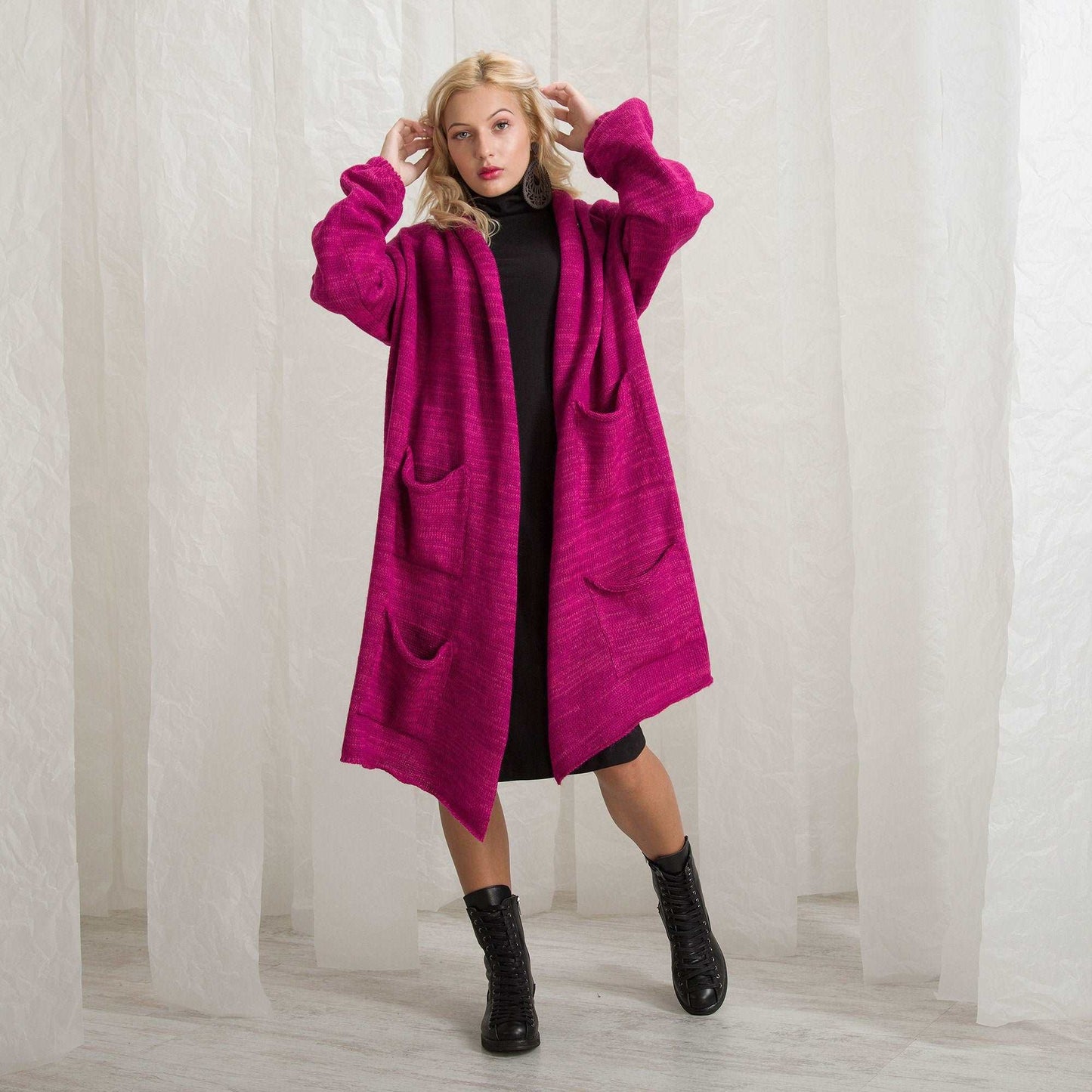 Oversized Cardigan, Magenta Wool Knitted Overcoat, Knit Winter Coat Poncho, Long Loose Pink Cardigan by Friends Fashion