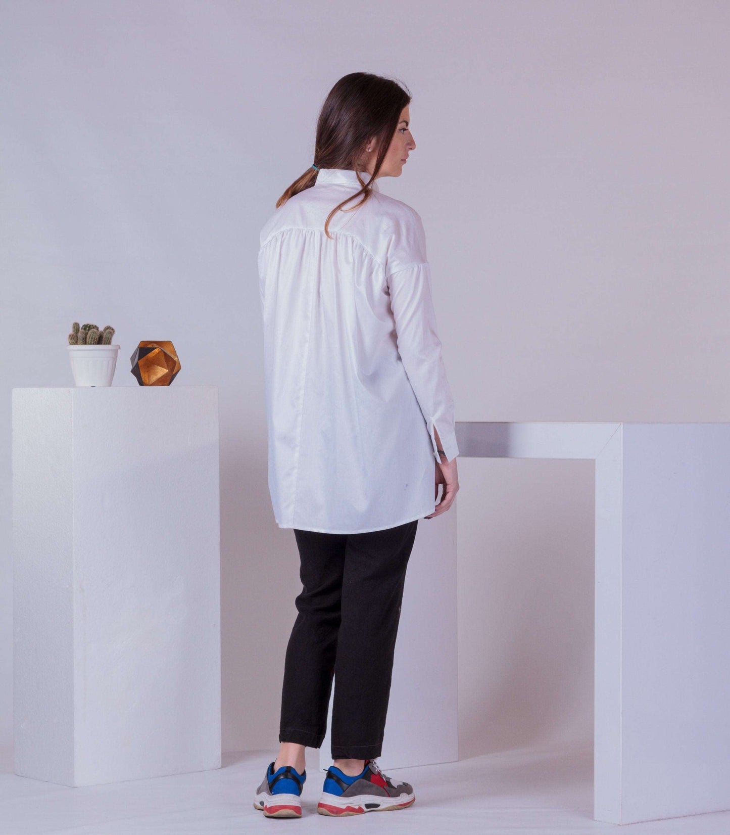 Long woman shirt, Asymmetric White Shirt, Loose Tunic Shirt, Baggy Tunic Dress, Button Up Summer Trendy Blouse, Maternity Top