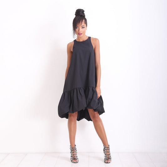 Little Black Linen Dress, Summer Loose Dress, Party Midi Off Shoulder Dress, Casual Asymmetrical Dress