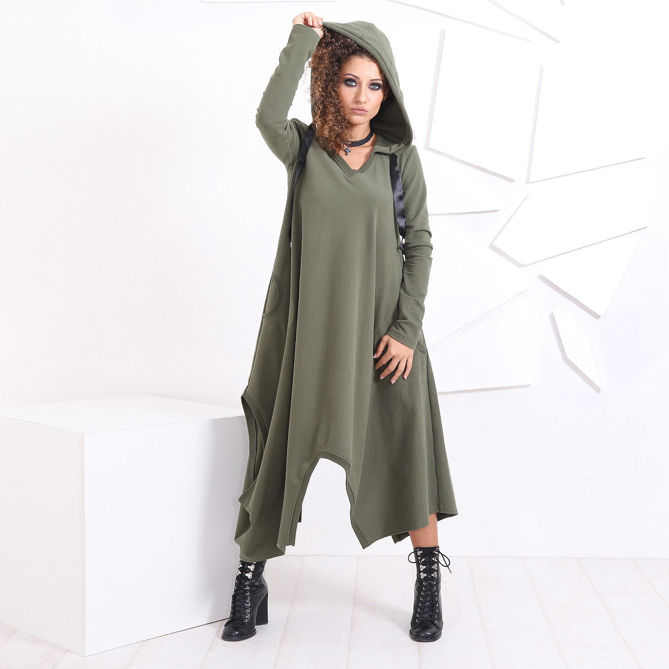 Hooded Loose Dress, Maxi Oversized Dress, Asymmetric Kaftan Dress, Goth Utility Dress