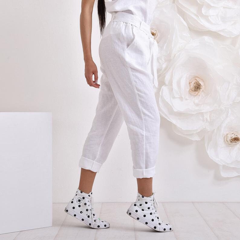 Linen Elastic Waist pants, capri Women trousers, comfy Summer Clothing by Friends Fashion