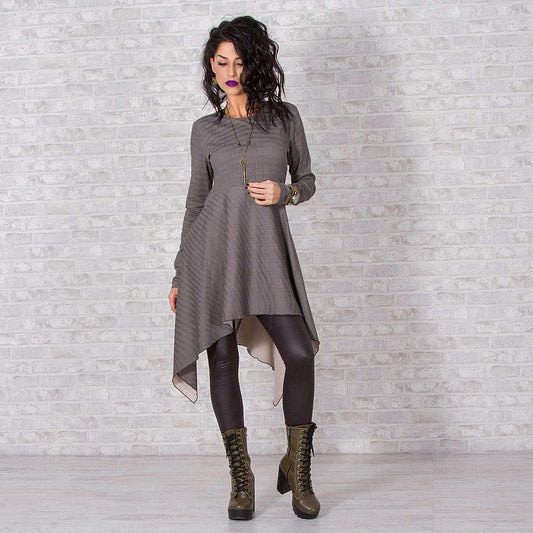 Woman Tunic, Long Sleeve Tunic Dress, Asymmetrical Tunic, Gray Melange Tunic, Elegant Cotton Tunic