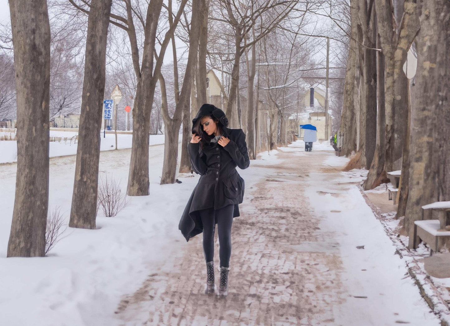 Red Asymetrical Coat winter style. Designer Coat with big outside pockets and buttons closure