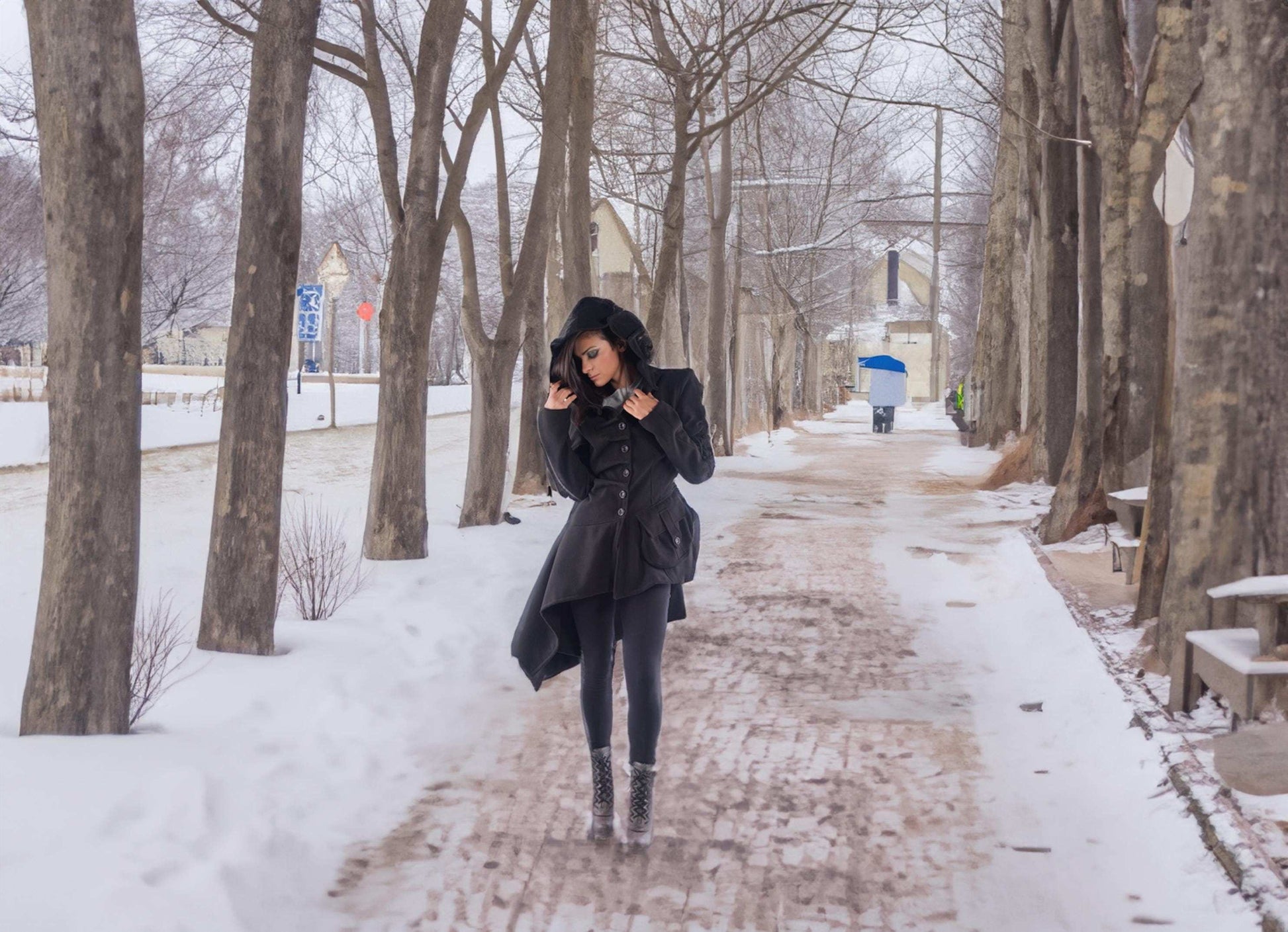 Red Asymetrical Coat winter style. Designer Coat with big outside pockets and buttons closure