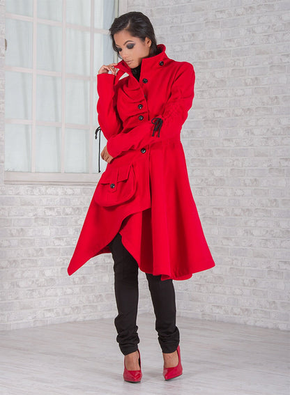 Red Coat, Wool Coat, Women Coat, Winter Coat, Plus Size Clothing, Women Outerwear, Red Warm Coat, Winter Clothing, Asymmetric Coat, Red Wear