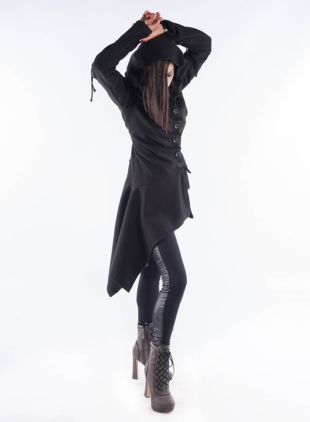 Cyber wear black assymetrical hooded coat - street wear