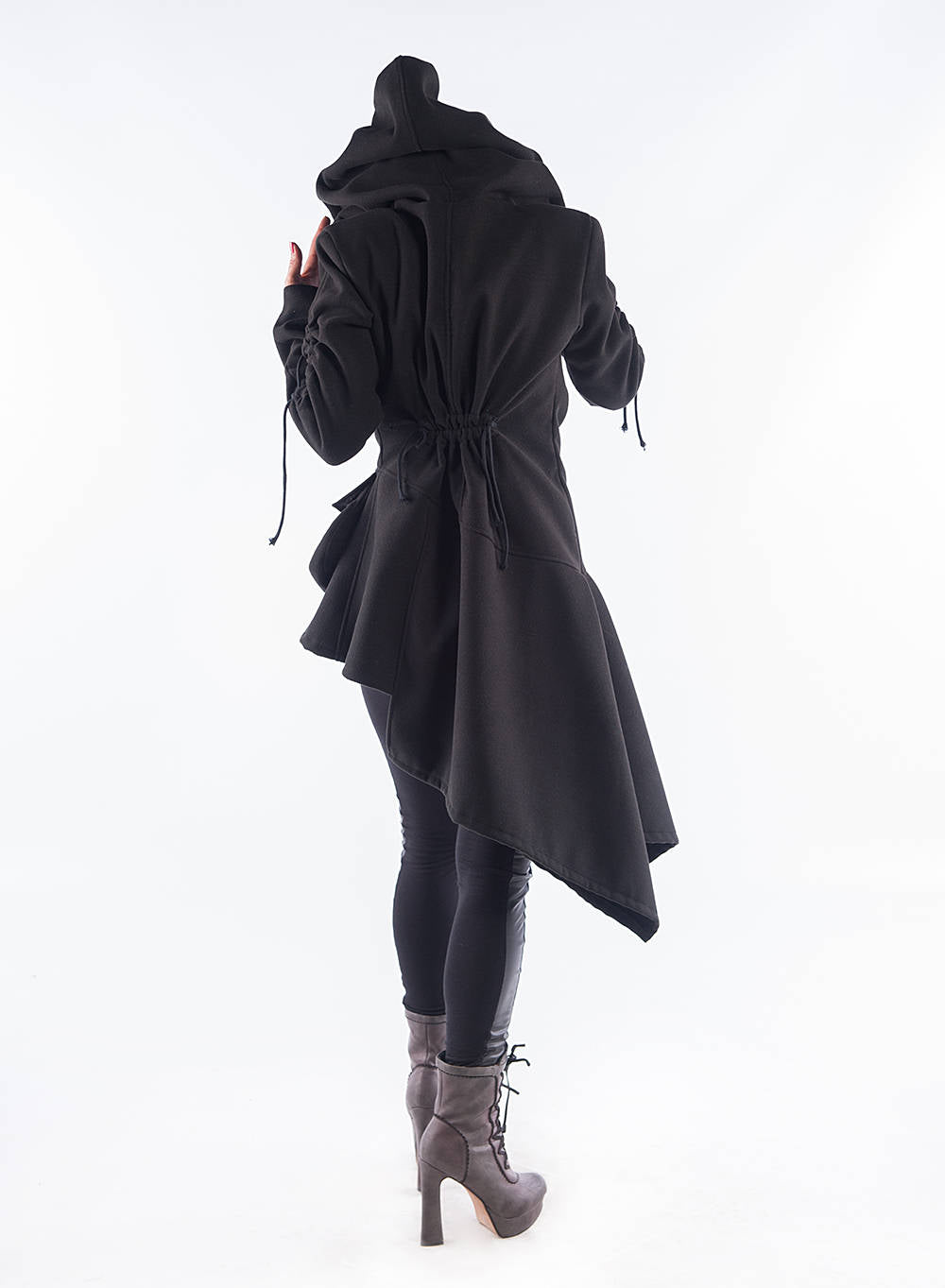 Unique designer winter coat with hood one of a kind model. Cyberpunk Madmax Black Coat