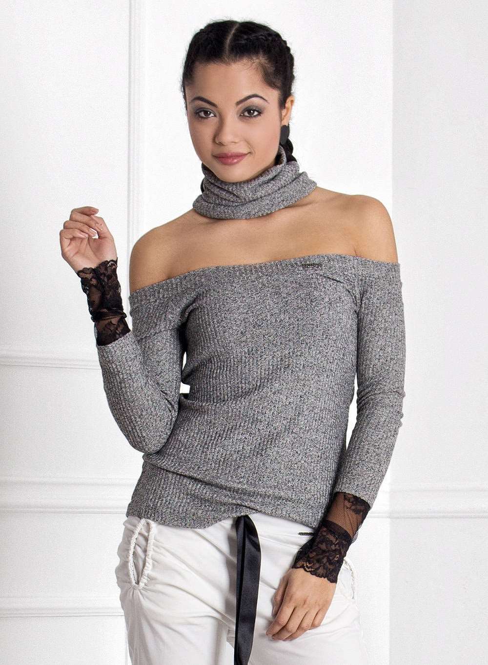 Turtleneck Blouse, Off Shoulder Blouse, Gray Sexy Top, Woman Cotton Blouse, Elegant Lace Blouse by Friends Fashion