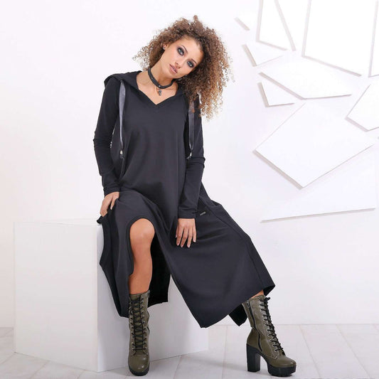 Black Hooded Dress, Oversized Tunic Dress, Cape Witch Gothic Grunge Outerwear, Long Asymmetrical Dress With Pockets