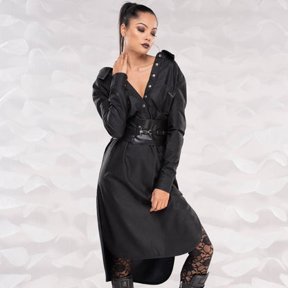 Faux Leather Dress, Sexy Midi Dress, Black Open Back Shirt Dress, Sexy Cocktail Party Dress, Plus Size Dress, Evening Dress, Romantic Dress