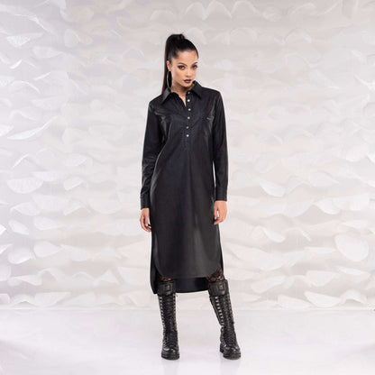 Black Faux Leather Dress, Avant Garde Shirt Dress, Gothic style dress, Black dress with deep V neckline