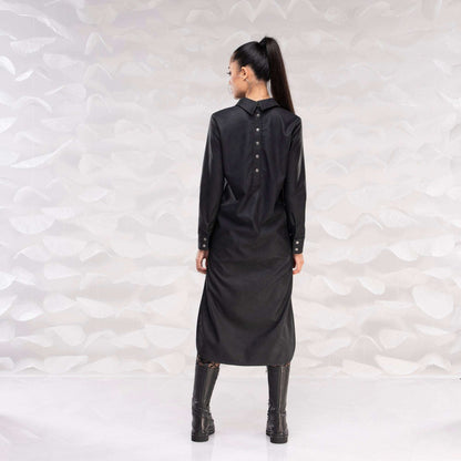 Black Faux Leather Dress, Avant Garde Shirt Dress, Gothic style dress, Black dress with deep V neckline