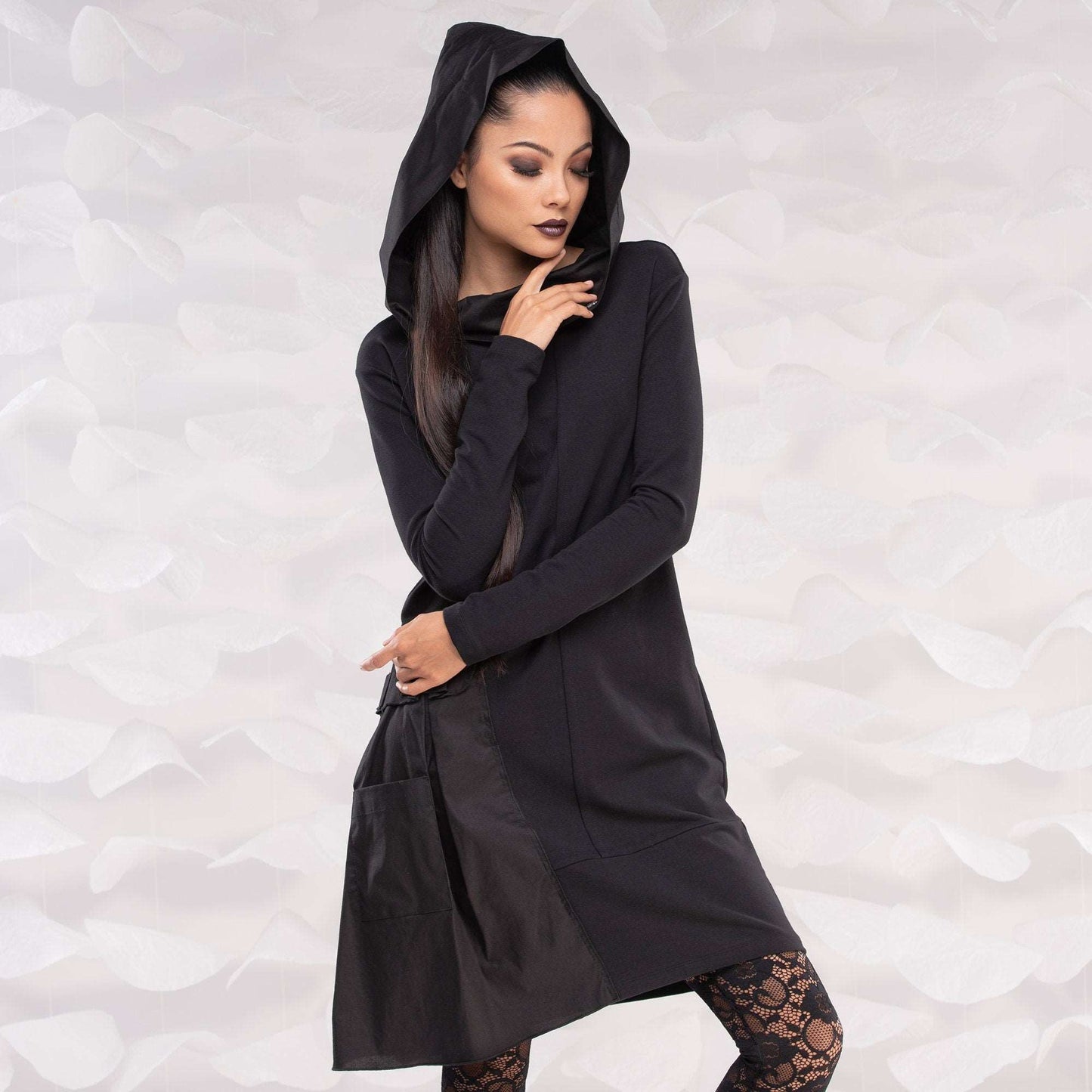 Black Hooded Dress/Black Womens Dress/ Plus Size Clothing