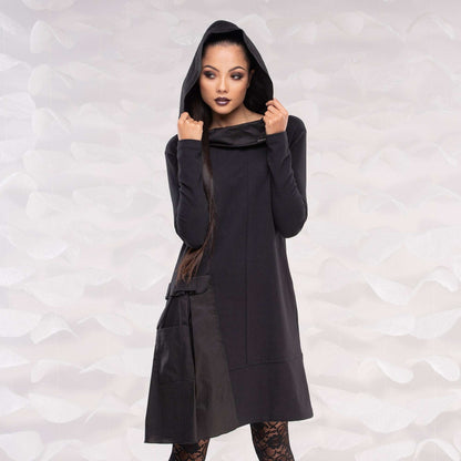 Black Hooded Dress/Black Womens Dress/ Plus Size Clothing