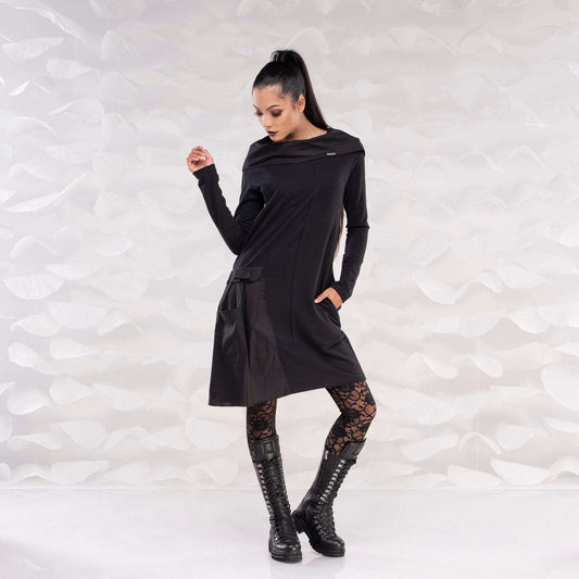 Black Hooded Dress/Black Womens Dress/ Plus Size Clothing