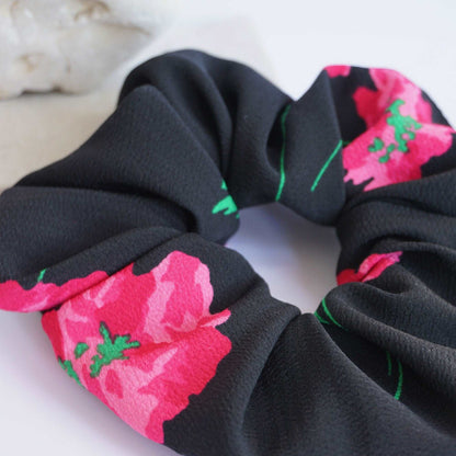 Black Hair Scrunchie Accessory, Floral Formal Scrunchie, Flower Hair Accessory