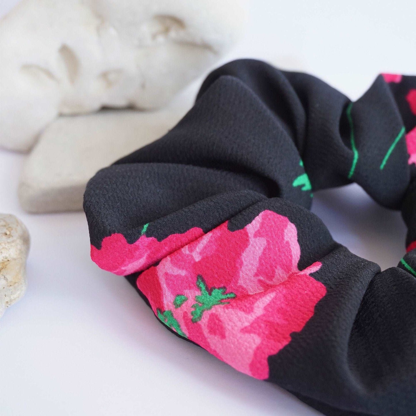 Black Hair Scrunchie Accessory, Floral Formal Scrunchie, Flower Hair Accessory