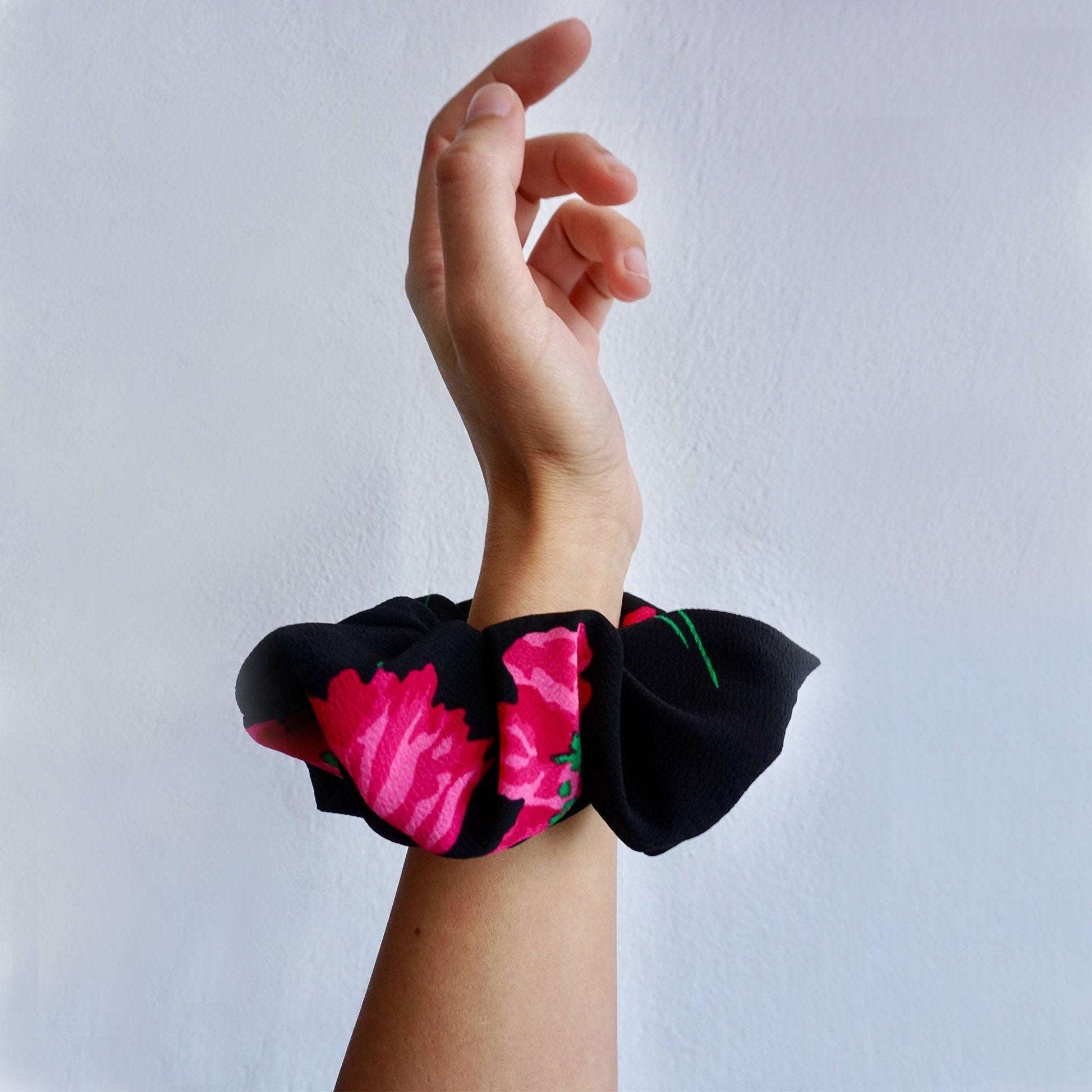 Black Hair Scrunchie Accessory, Floral Formal Scrunchie, Flower Hair Accessory