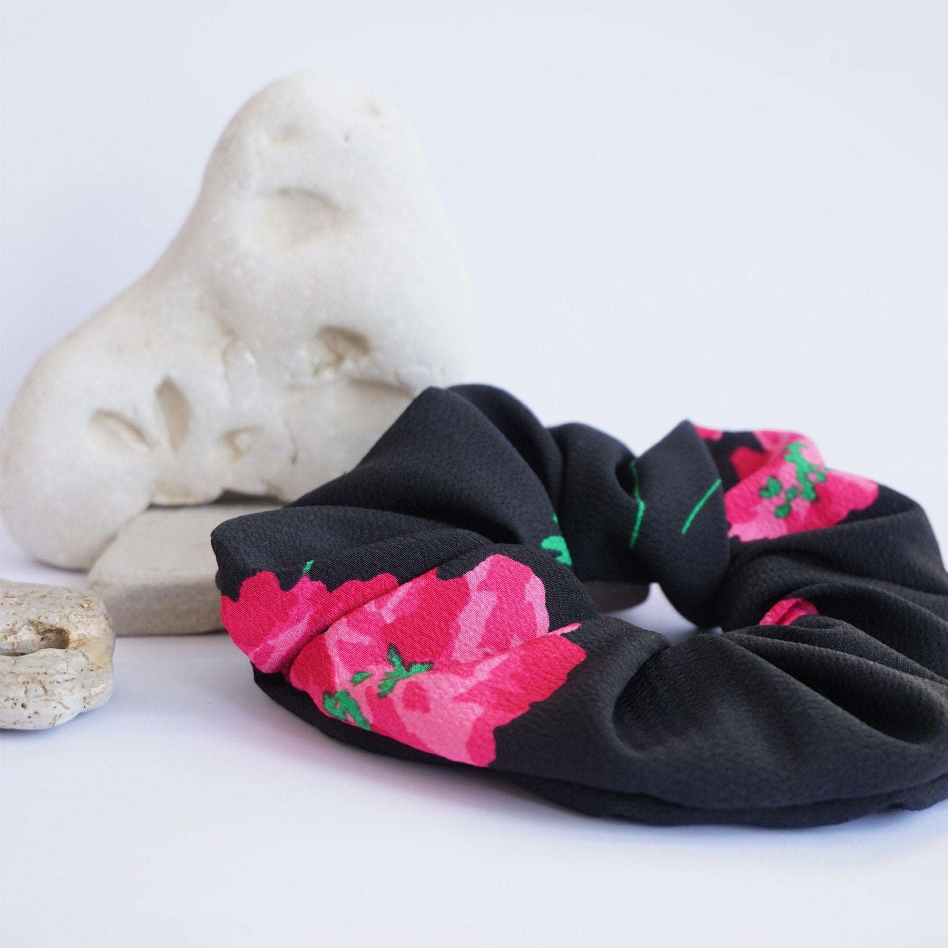 Black Hair Scrunchie Accessory, Floral Formal Scrunchie, Flower Hair Accessory