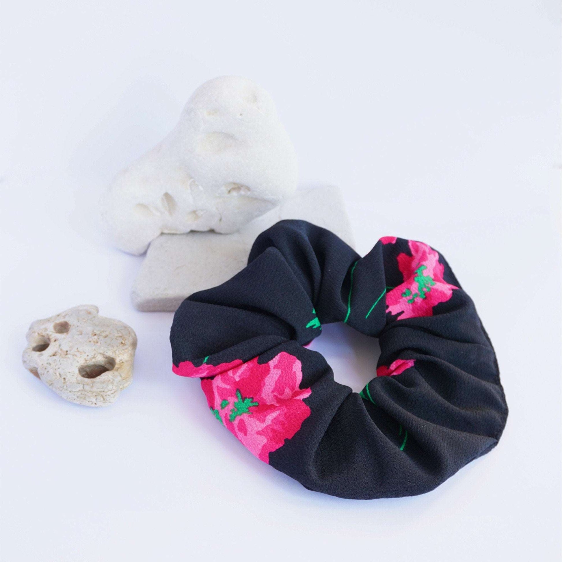 Black Hair Scrunchie Accessory, Floral Formal Scrunchie, Flower Hair Accessory