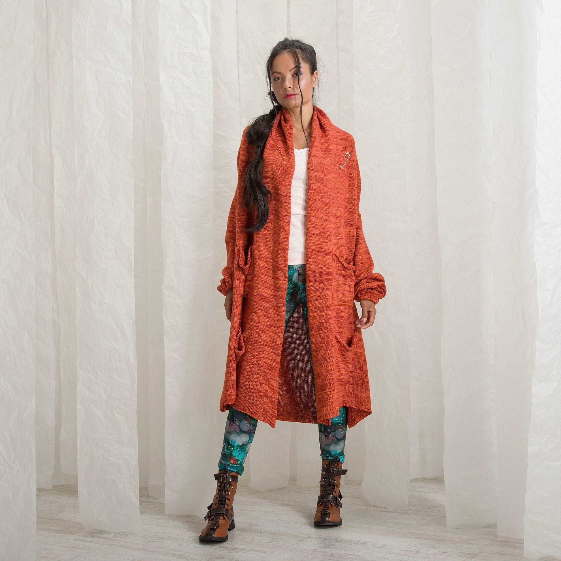 Oversized Wool Cardigan, Knit Sweater Coat, Orange Wrap Overwear with Pockets