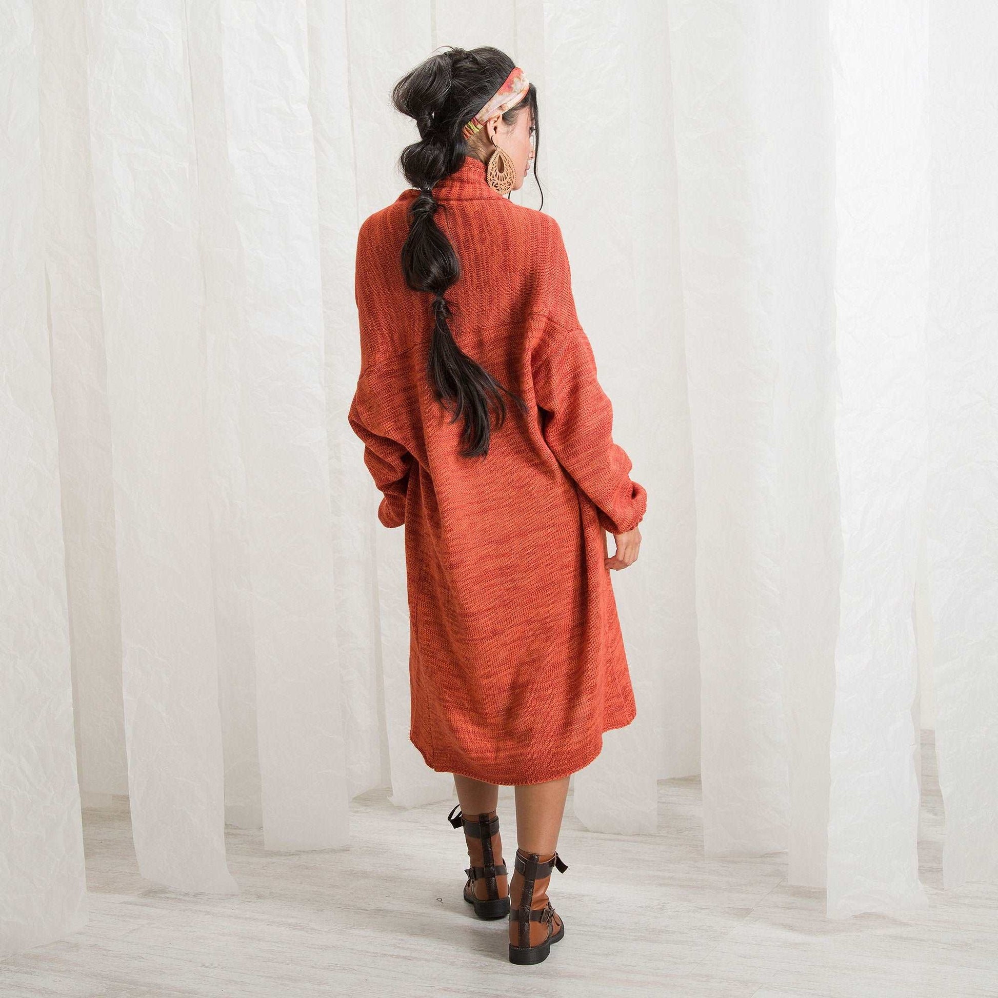 Oversized Wool Cardigan, Knit Sweater Coat, Orange Wrap Overwear with Pockets