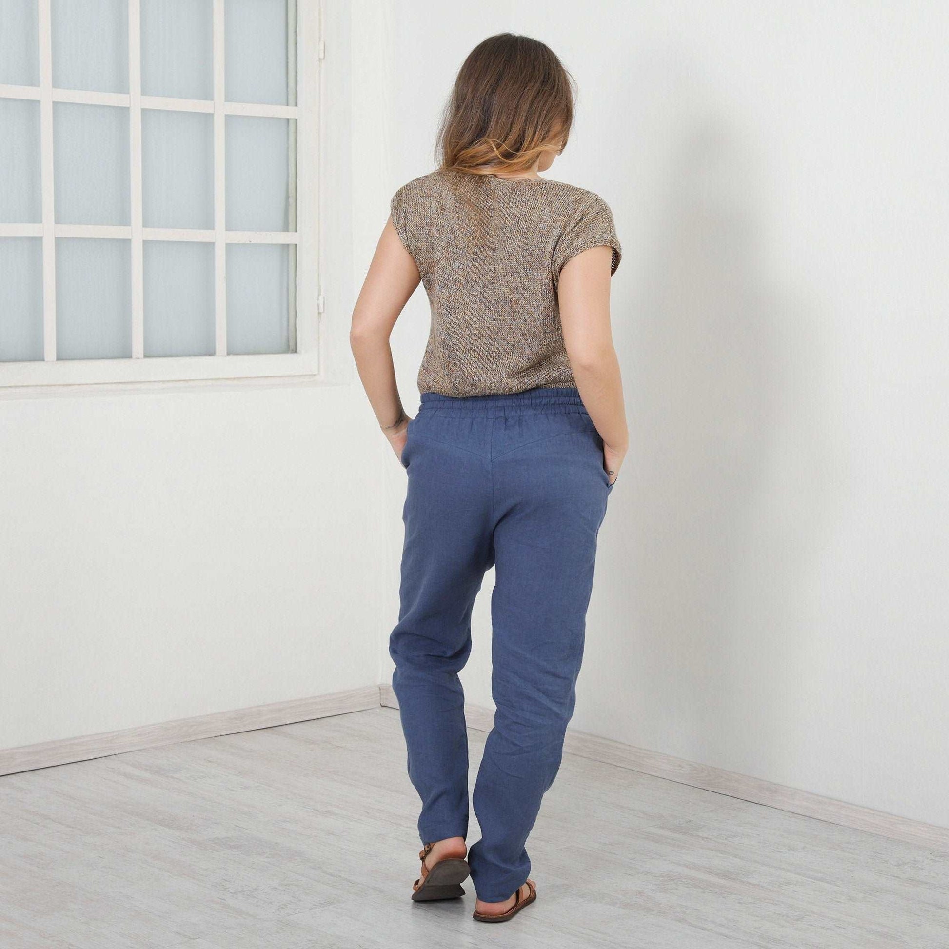 Harem Linen Pants, Loose Cut Flax Trousers, Low Crotch Trousers, Linen Elastic Waist Pants