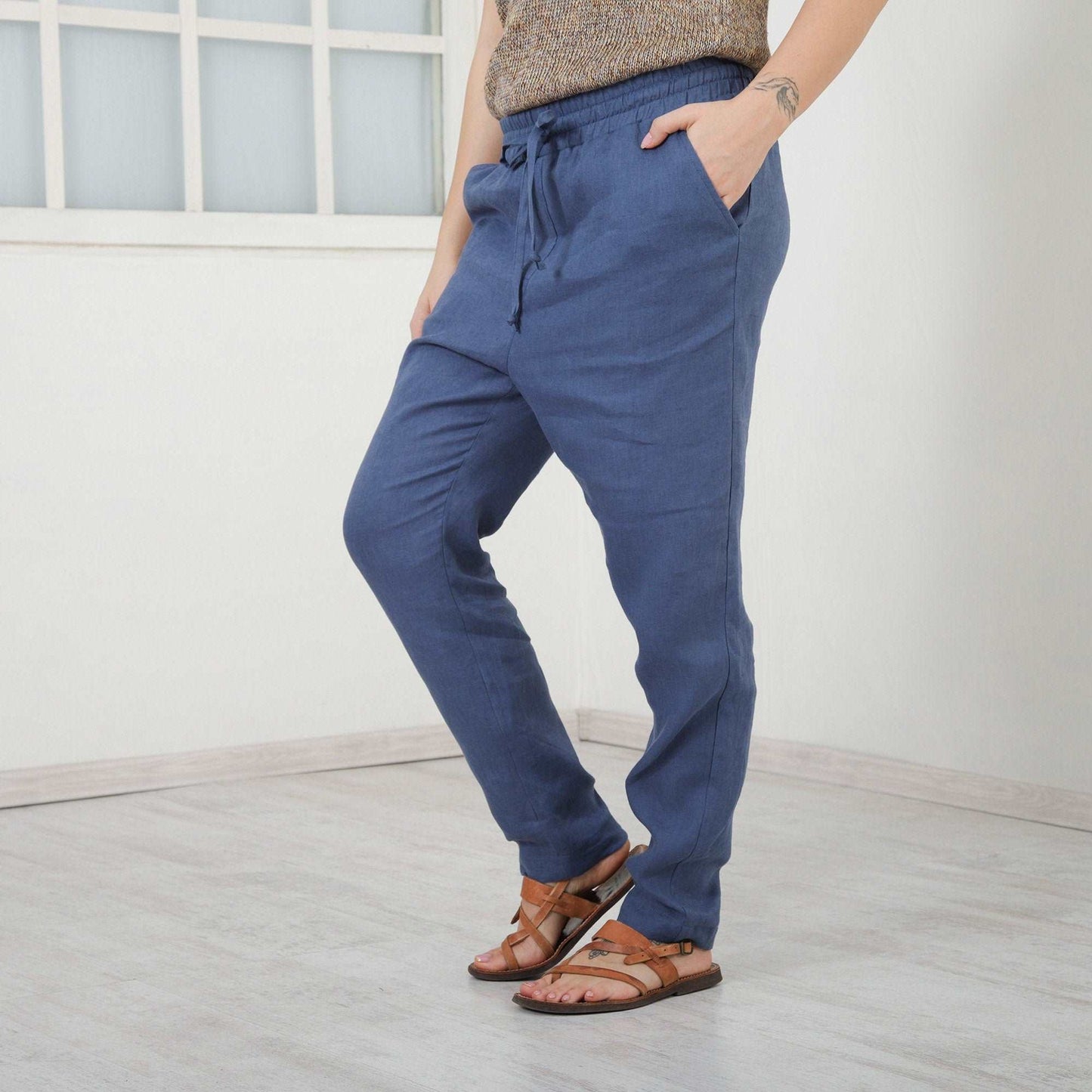 Harem Linen Pants, Loose Cut Flax Trousers, Low Crotch Trousers, Linen Elastic Waist Pants