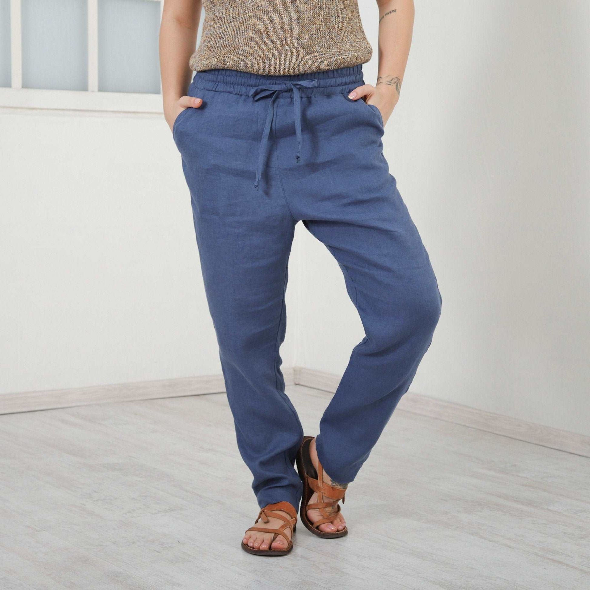 Harem Linen Pants, Loose Cut Flax Trousers, Low Crotch Trousers, Linen Elastic Waist Pants