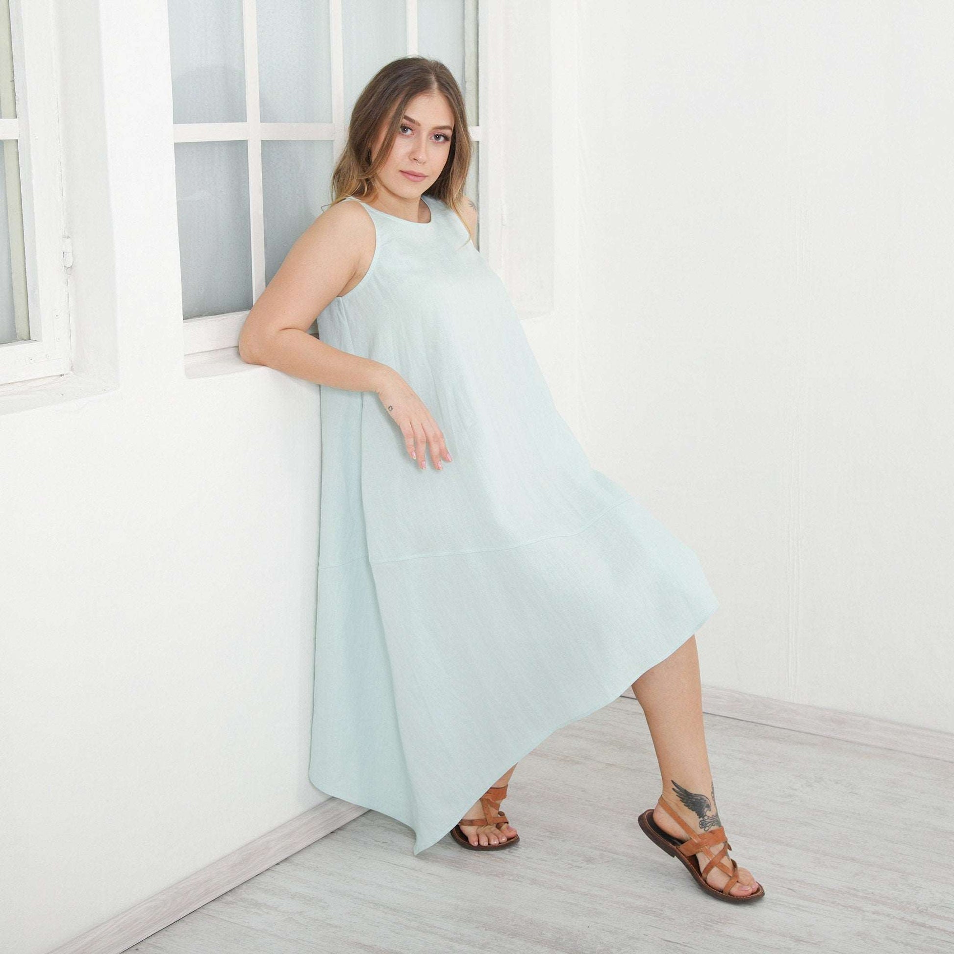 Maternity Linen Dress, Extra Loose Linen Dress, Baggy Asymmetric Linen Dress, Sleeveless Linen Dress by Friends Fashion