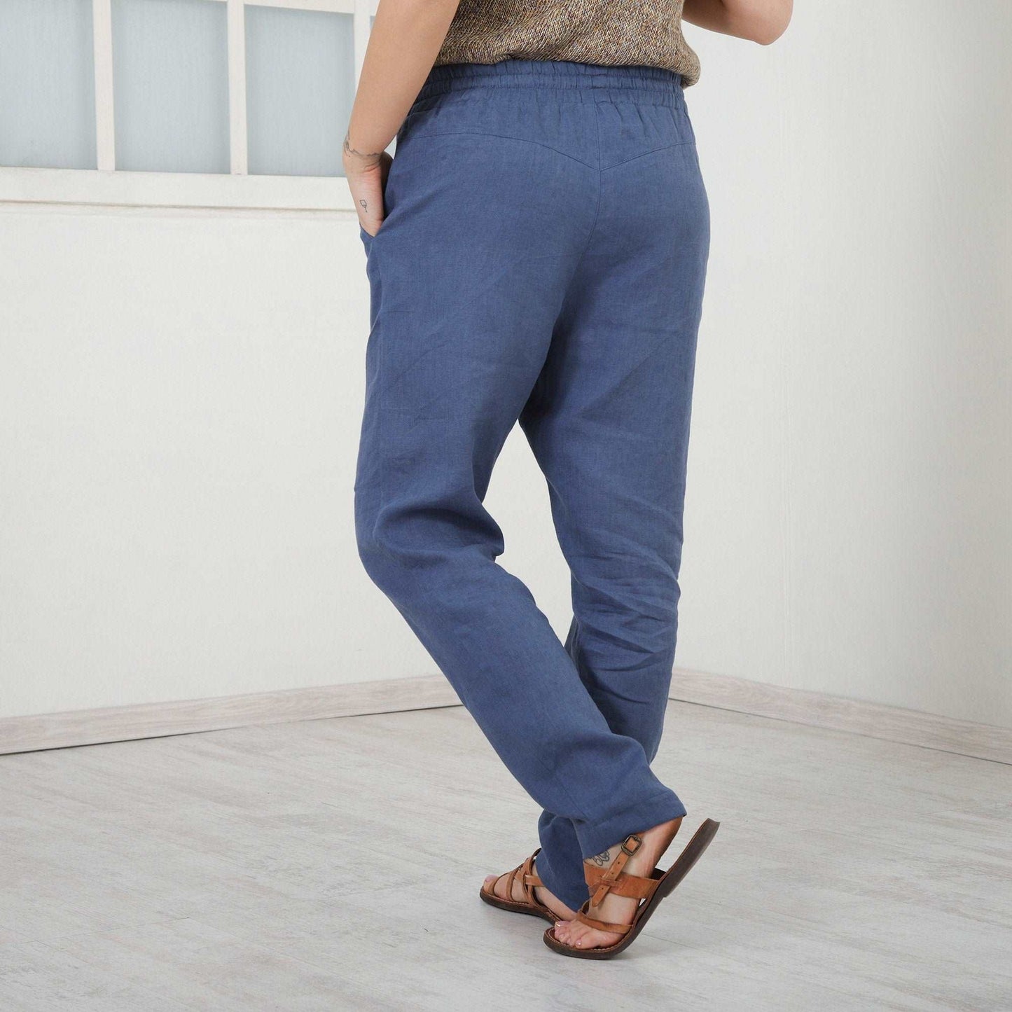 Harem Linen Pants, Loose Cut Flax Trousers, Low Crotch Trousers, Linen Elastic Waist Pants