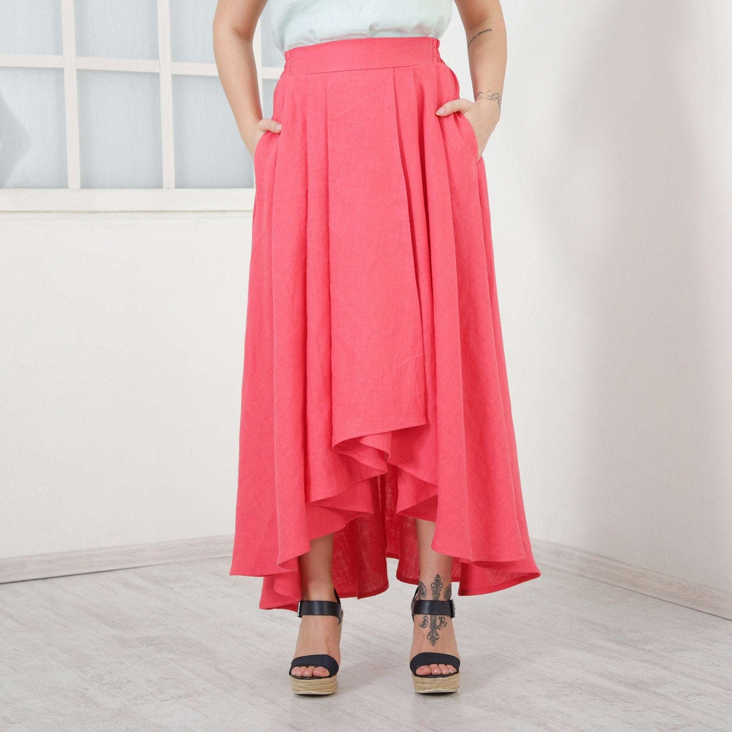 Pink Linen Skirt, Bright Magenta Asymmetrical Skirt, Casual Loose Skirt, Long Midi Skirt, Swirl Skirt, Plus Size Fashion