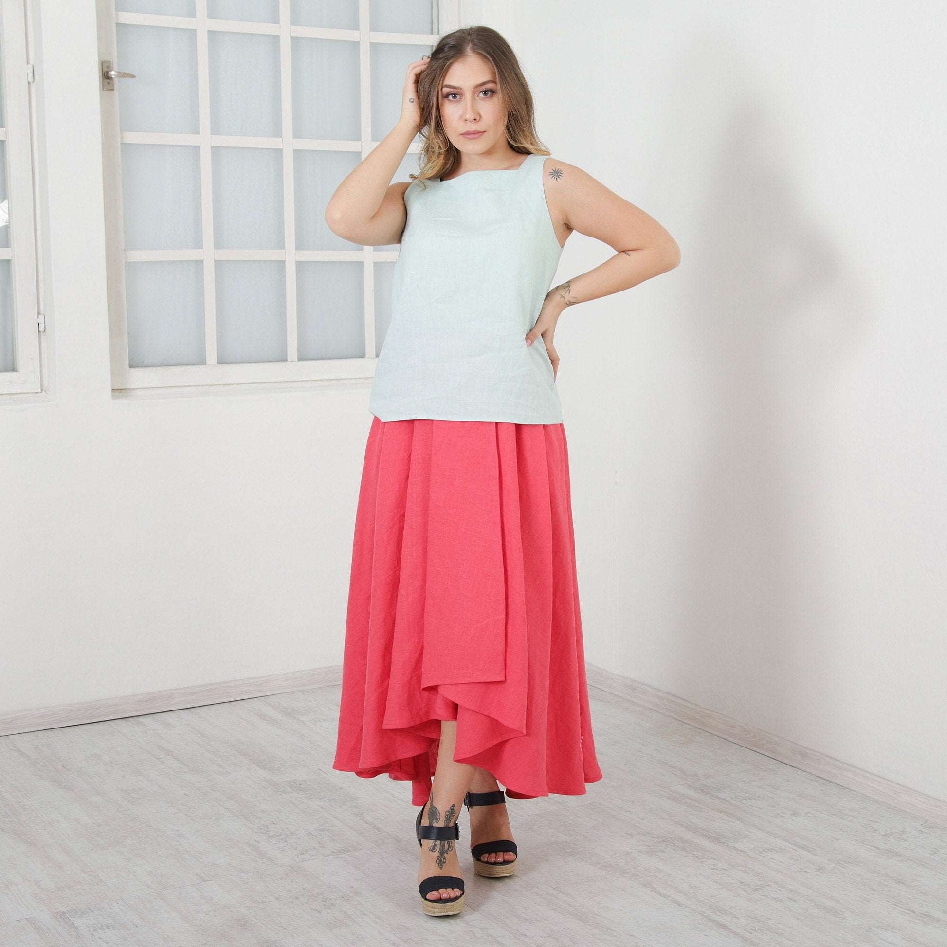 Pink Linen Skirt, Bright Magenta Asymmetrical Skirt, Casual Loose Skirt, Long Midi Skirt, Swirl Skirt, Plus Size Fashion