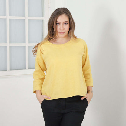 Yellow Linen Shirt, Basic Linen Top, Washed Linen Blouse, Spring Woman Loose Casual Top