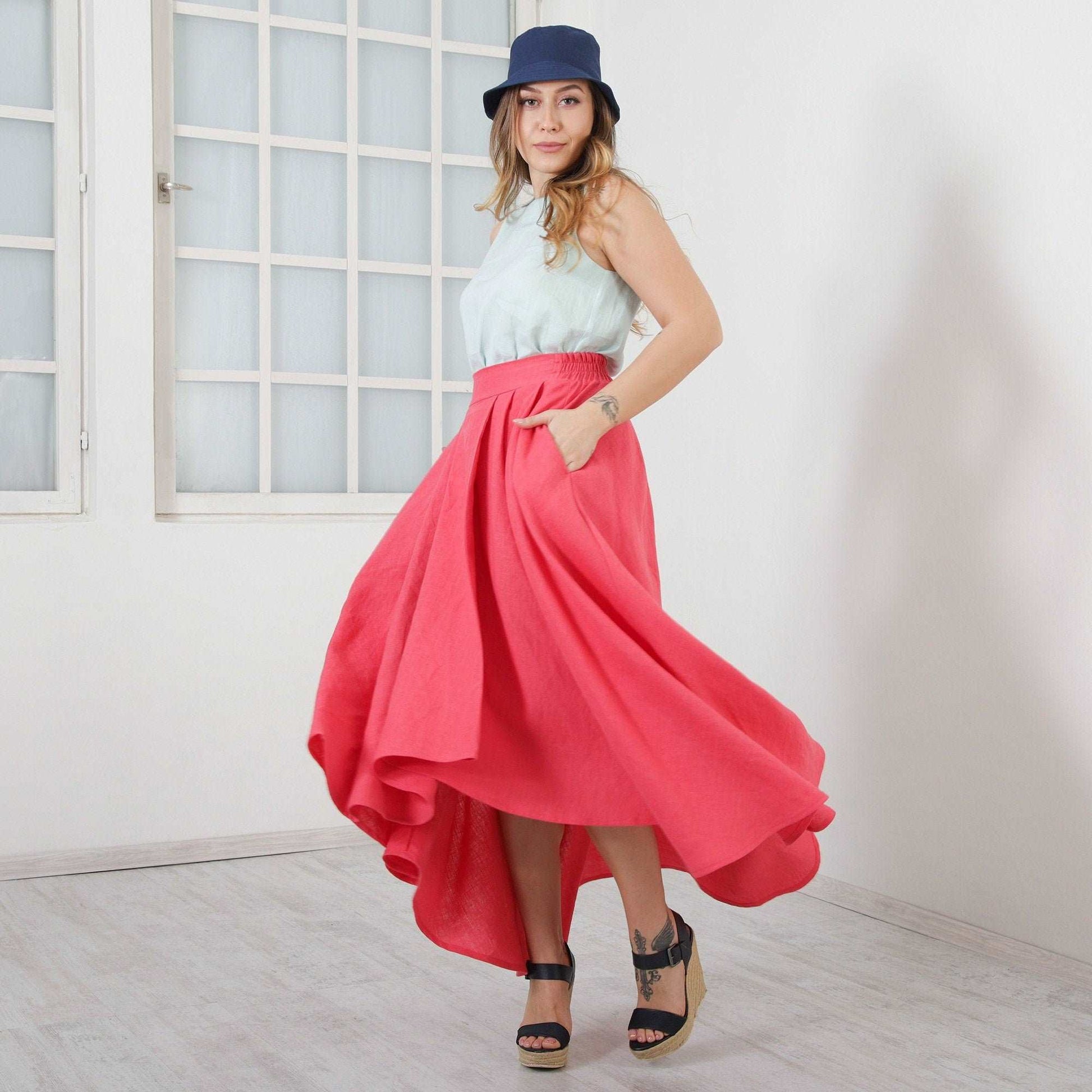 Pink Linen Skirt, Bright Magenta Asymmetrical Skirt, Casual Loose Skirt, Long Midi Skirt, Swirl Skirt, Plus Size Fashion