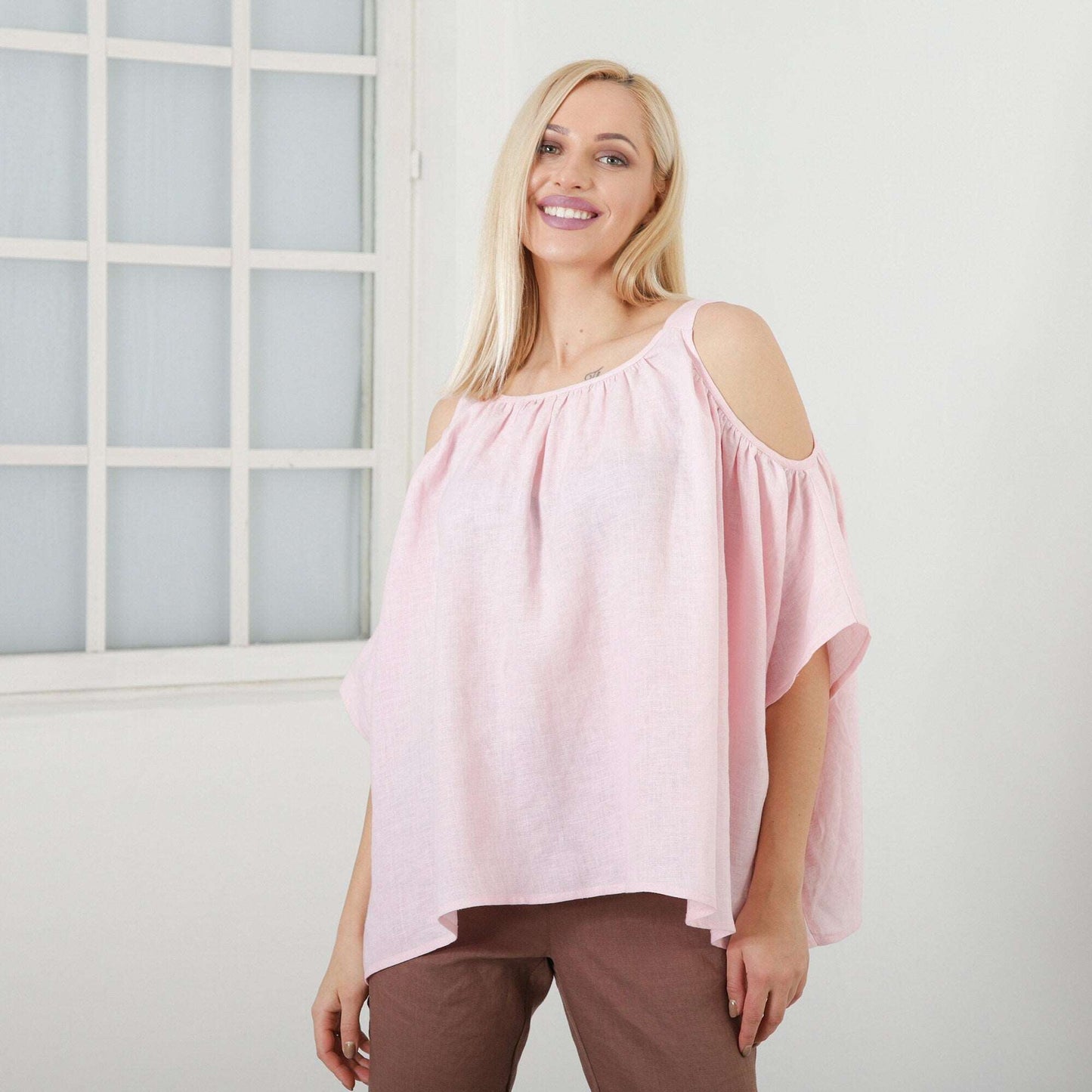 Oversized Linen Top, Off Shoulder Top, Maxi Linen Blouse, Loose Linen Blouse, Maxi Plus Size Clothing