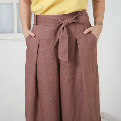 Woman Linen Pants with Tie Belt, Linen Palazzo Pants, Wide Leg Trousers, High Waisted Pants with Ribbon, Urban Streetwear by FriendsFashion