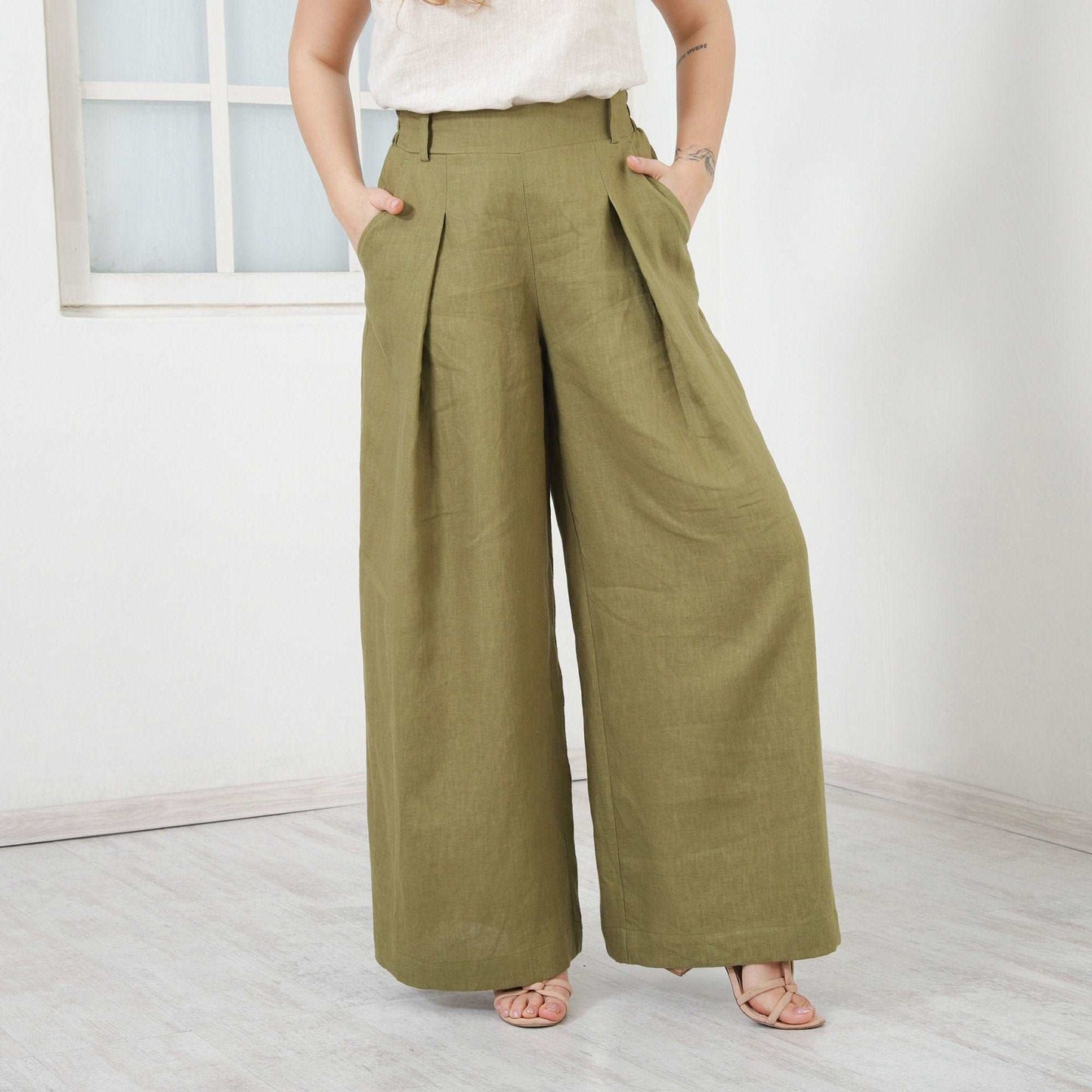 Linen Palazzo Pants, Extra Long High Waisted Pants, Wide Leg Trousers, Pants With Pockets by Friends Fashion