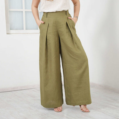 Linen Palazzo Pants, Extra Long High Waisted Pants, Wide Leg Trousers, Pants With Pockets by Friends Fashion