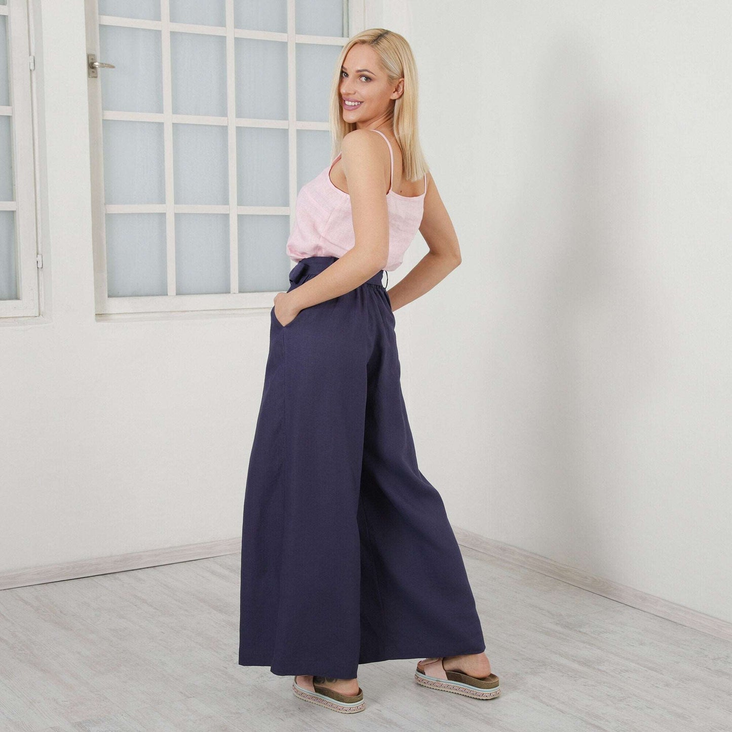 Loose Linen Pants, Wide Leg Pants, High Waisted Palazzo Pants, Linen Capri Trousers, Skirt Pants by Friends Fashion