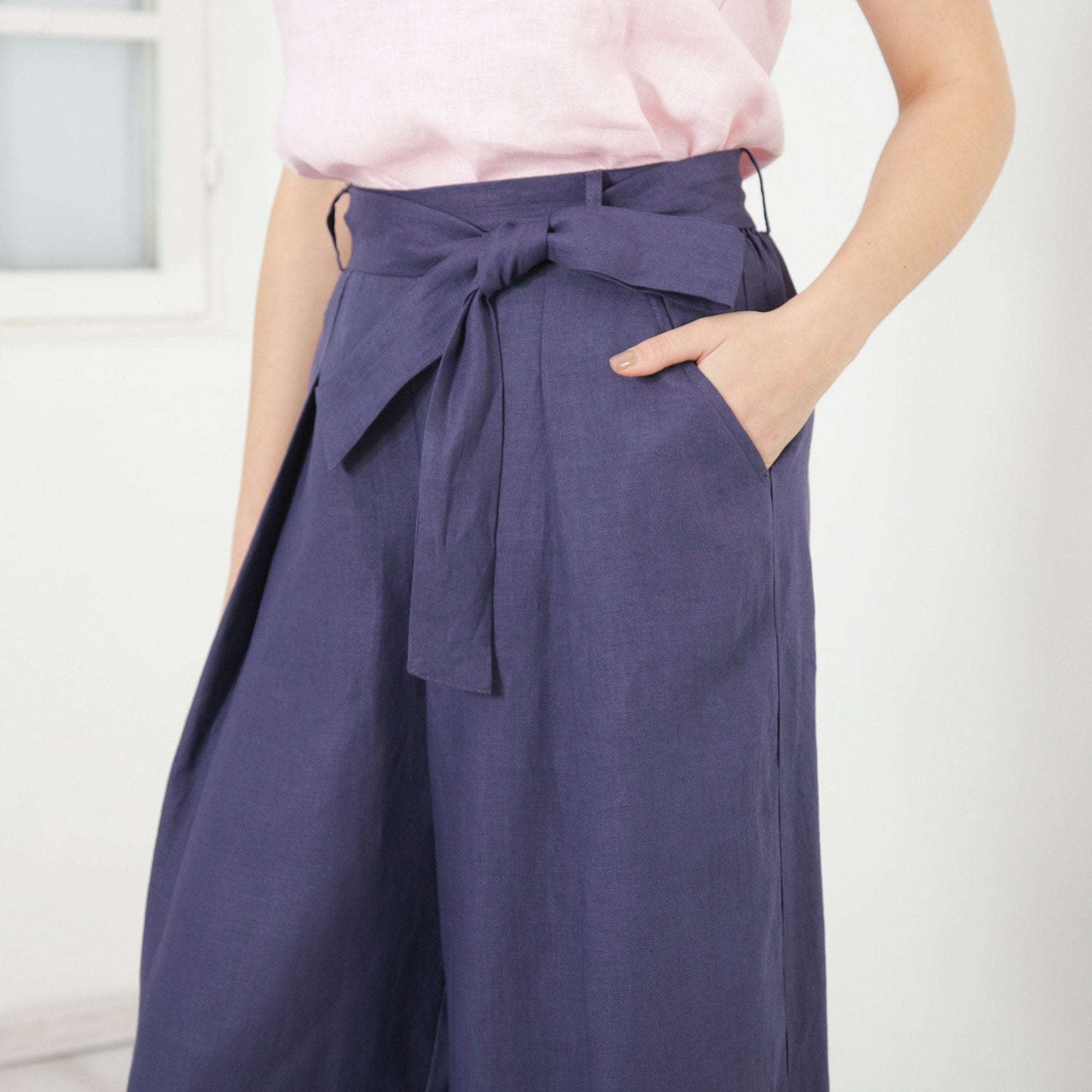 Loose Linen Pants, Wide Leg Pants, High Waisted Palazzo Pants, Linen Capri Trousers, Skirt Pants by Friends Fashion