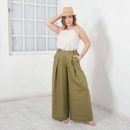 Linen Palazzo Pants, Extra Long High Waisted Pants, Wide Leg Trousers, Pants With Pockets by Friends Fashion