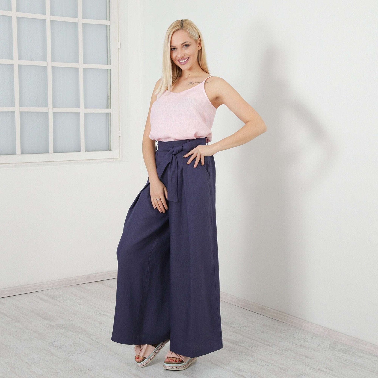 Loose Linen Pants, Wide Leg Pants, High Waisted Palazzo Pants, Linen Capri Trousers, Skirt Pants by Friends Fashion