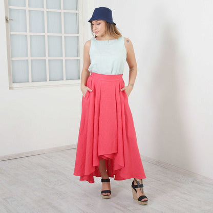 Pink Linen Skirt, Bright Magenta Asymmetrical Skirt, Casual Loose Skirt, Long Midi Skirt, Swirl Skirt, Plus Size Fashion