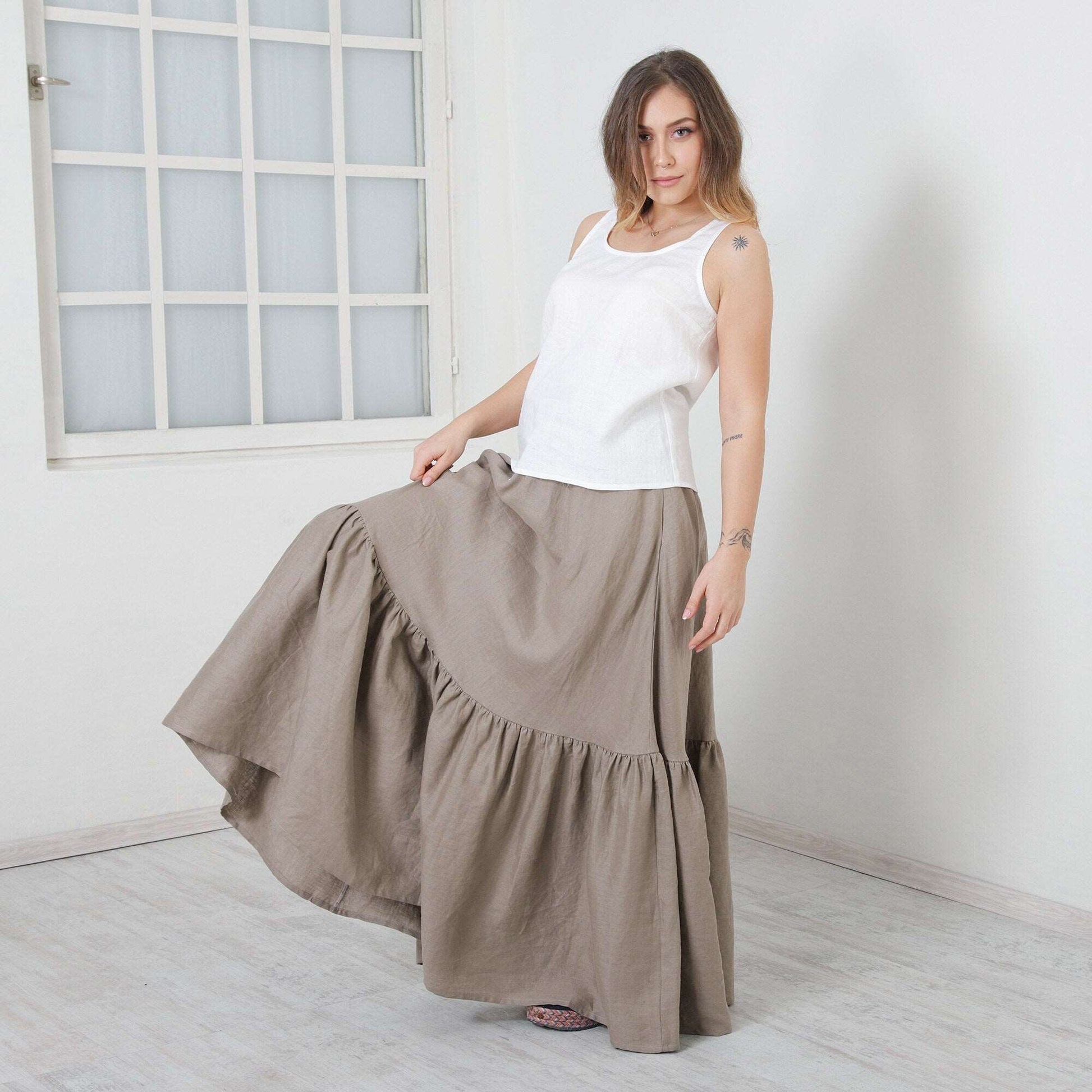 Long Linen Skirt, Maxi Flax Skirt, Full Circle Skirt, Peasant Skirt With Pockets, Floor Skirt by FriendsFashion